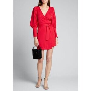 Rhode Frankie Wrap Dress Women's Size Small Red Puff Blouson-Sleeve Mini Dress